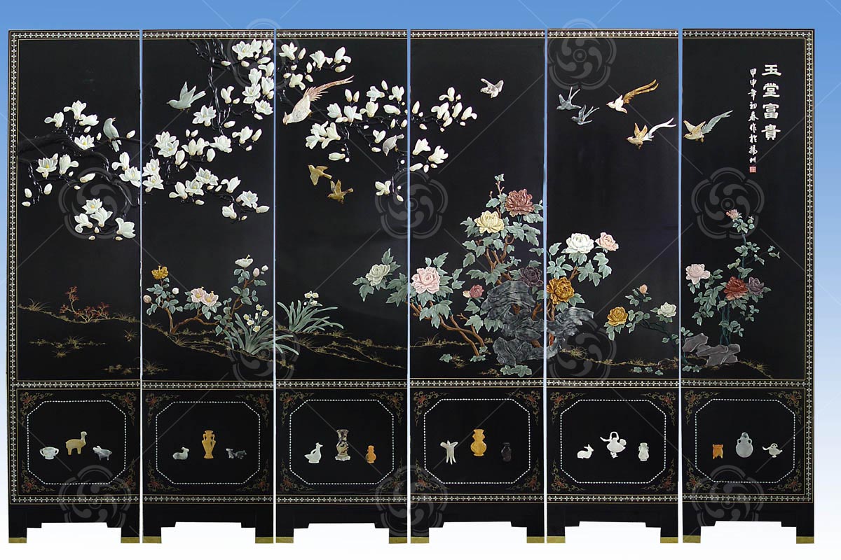 骨石鑲嵌《玉堂富貴》屏風(fēng)